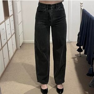 Uniqlo women's baggy jeans high-waisted Wide straight loose fit black sz 27.